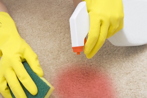 Professional carpet cleaning service in progress with cleaning equipment and treated carpet area
